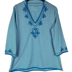 Soft Surroundings 2X 18 20 XXL Top Tunic Shirt Blue Teal Striped Floral V-Neck